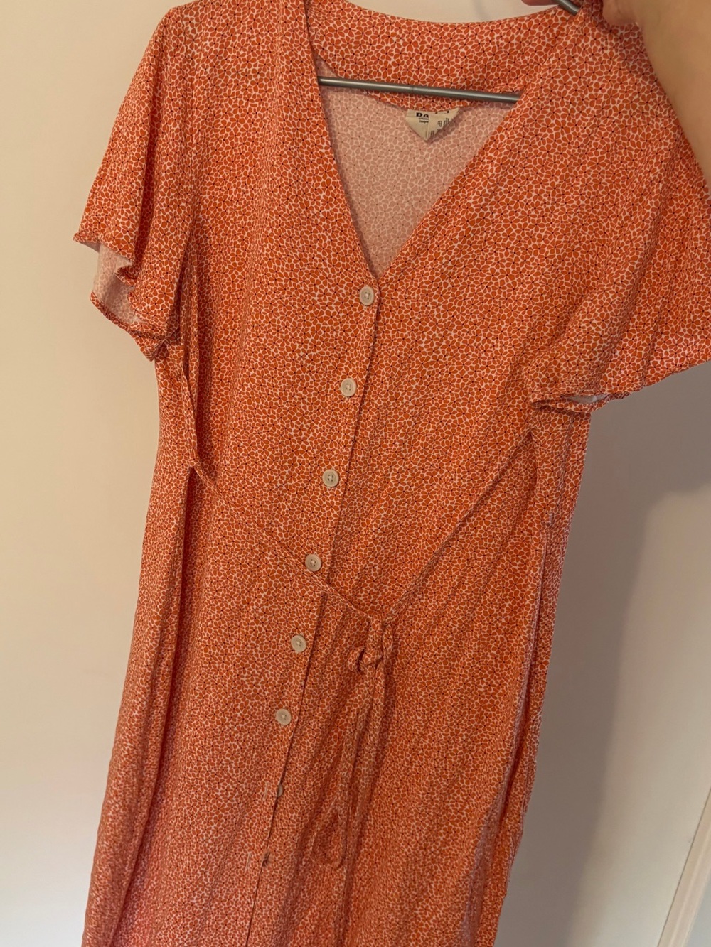 Rachel Coral-Print Button Midi Dress with Tie Waist